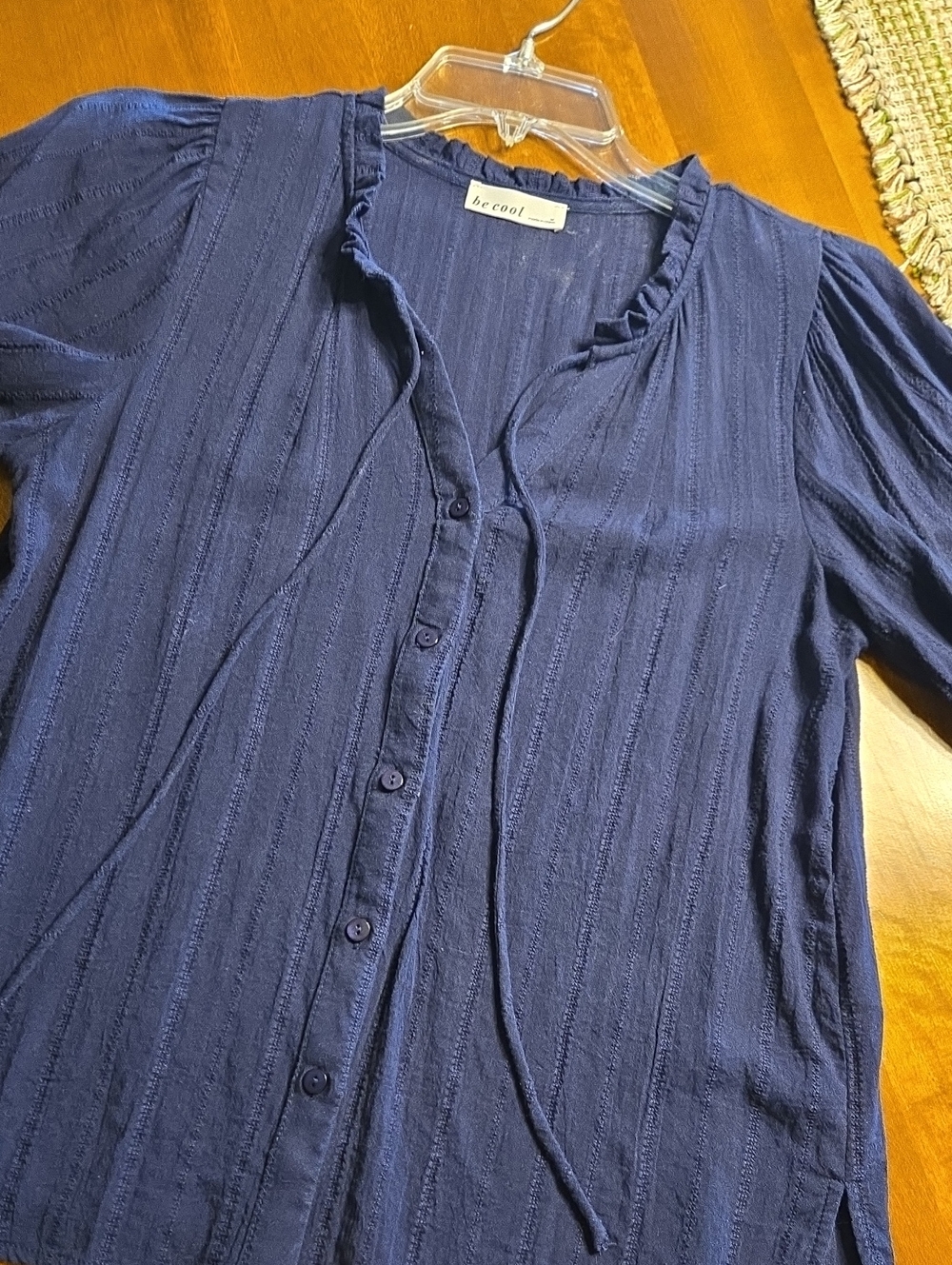 BE COOL Navy Button-Front Ruffle Neck Women's Top